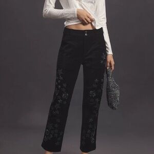 PILCRO Anthropologie The Wanderer Pants Black Velvet Beaded Star Floral Size 27